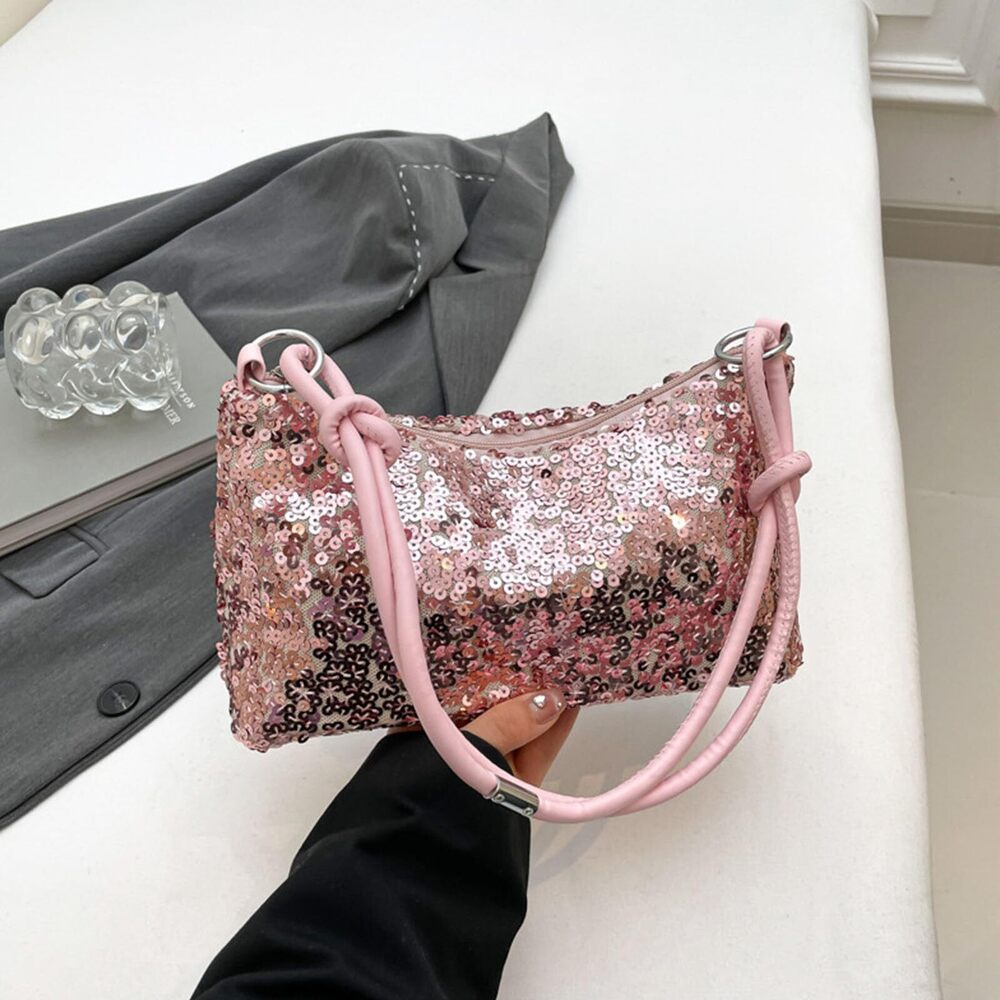 9886 Sequin Evening Bag, Sparkly Shoulder Bag, Bling Pink Handbag, Glitter - Picture 3 of 9